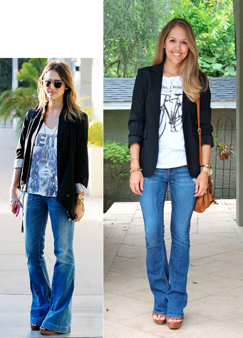 Calça flare best sale jeans com blazer